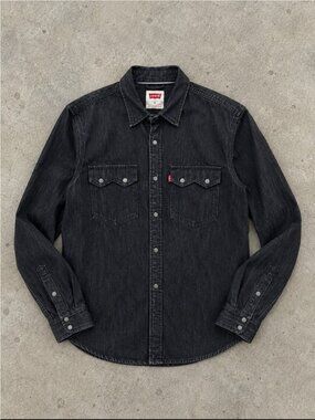 Levis Pearl Snap Shirt Mens Medium Dark Wash Denim Western Saw Tooth Long Sleeve